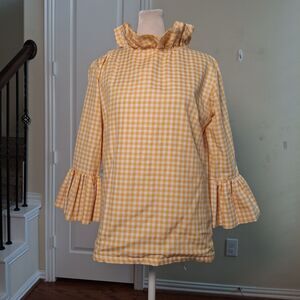 Elizabeth Wilson Yellow Gingham Blouse Top Ruffle Neck Bell Sleeve Cottagecore S